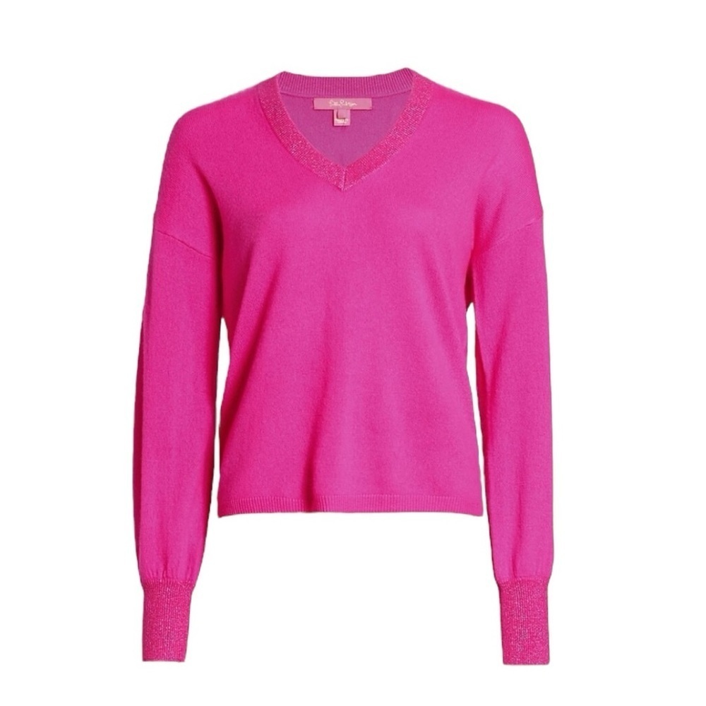 Lilly Pulitzer Jasmina Pink Cashmere V-Neck Sweater Size Large